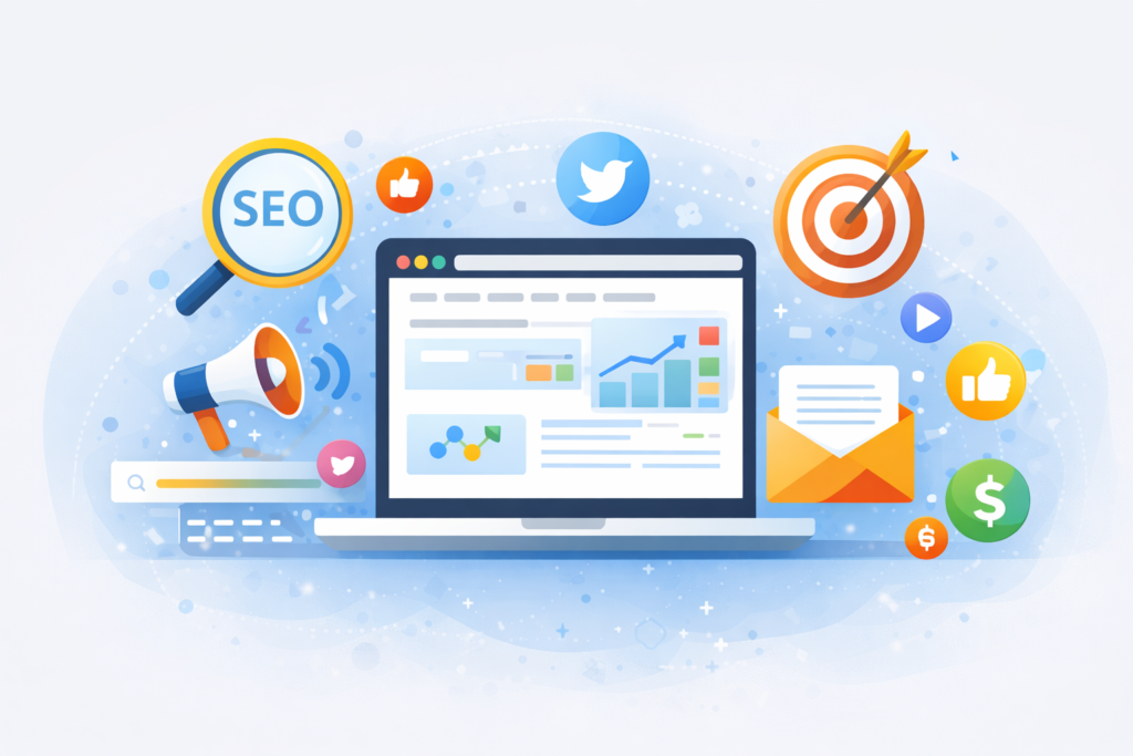 Digital marketing illustration showing SEO, social media, email marketing, content marketing, and online growth strategies
