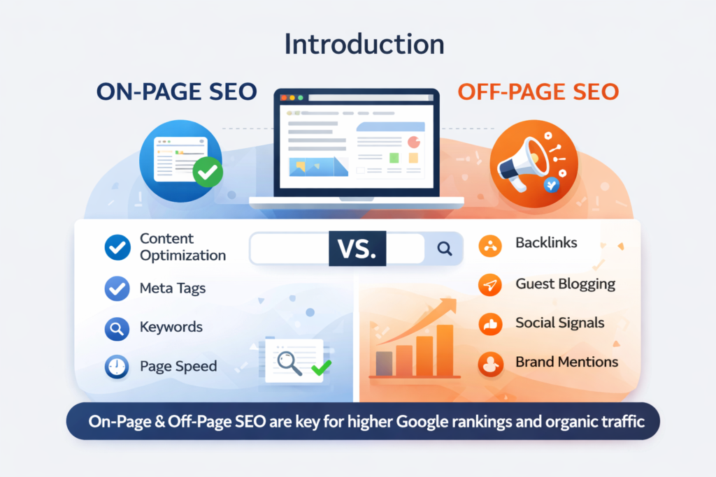 On-page SEO vs Off-page SEO comparison showing optimization, backlinks, and digital marketing strategies
