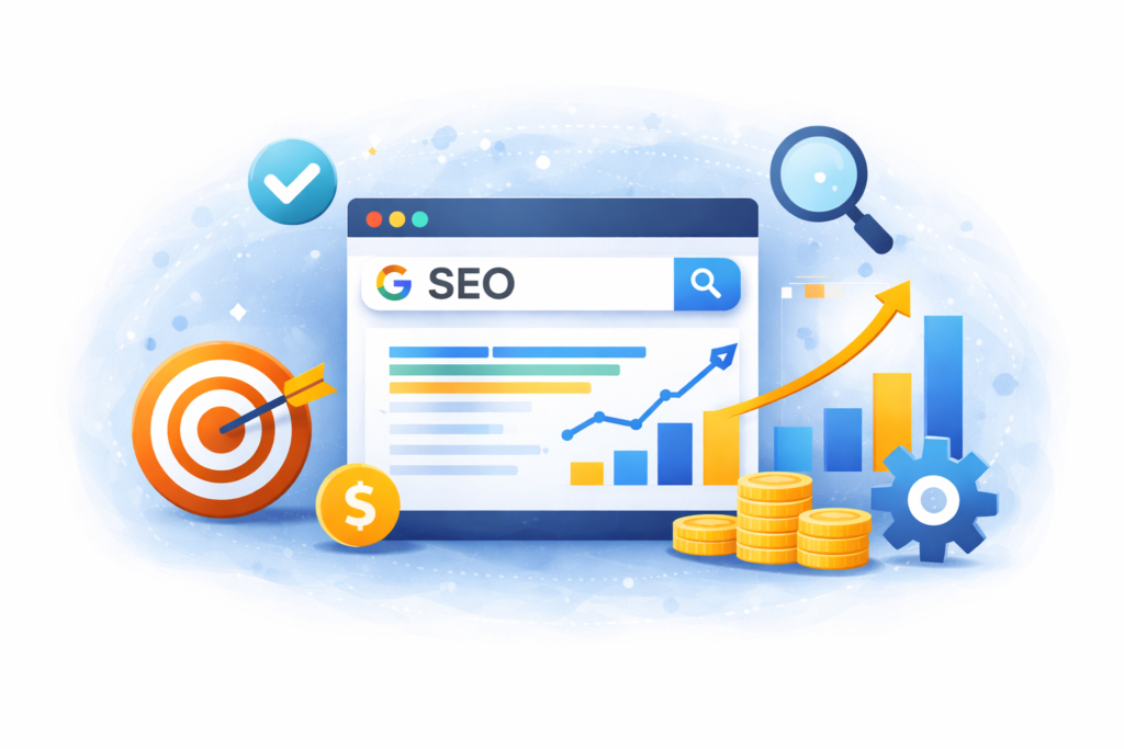 SEO in digital marketing illustration showing website optimization, search engine ranking, and organic traffic growth